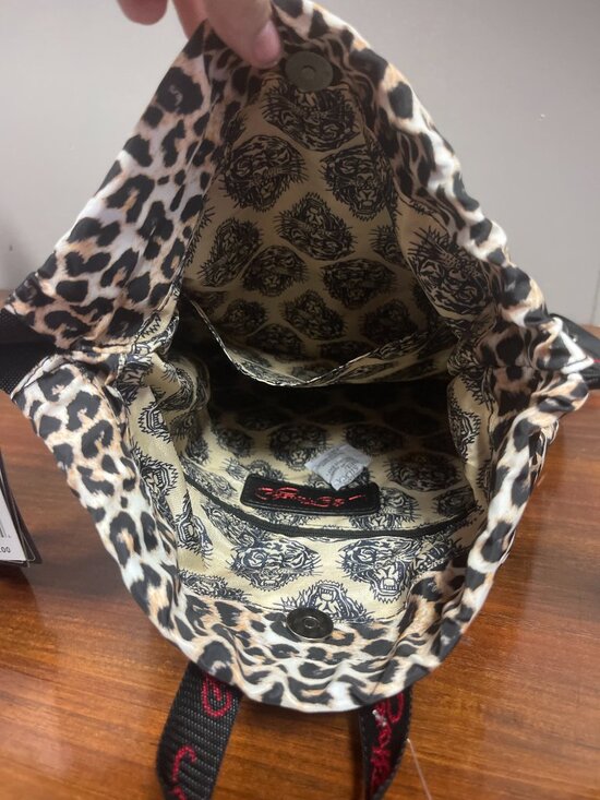 Ed Hardy Y2K Eternal Love Leopard Print Drawstring Backpack Rhinestone Heart NWT
